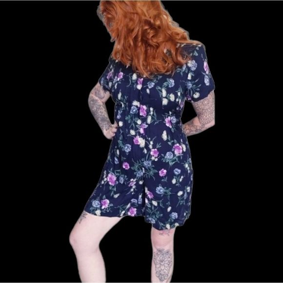 VINTAGE Basic Editions Med Navy Blue W/ Purple Flowers Button front Romper - Picture 3 of 16